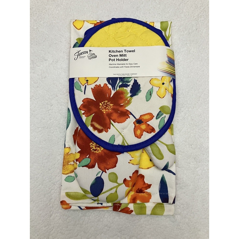 Fiesta Floral Kitchen Towel, Oven Mitt and Pot Holder Set Montauk New With Tags
